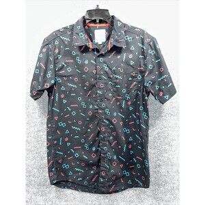 Black Jack Geometric 1999‎ Black Red Button Up Shirt Size L Large Vintage Men's